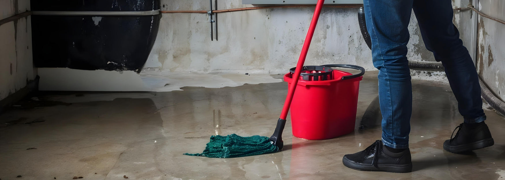 a person is cleaning a basement floor with a mop and bucket
