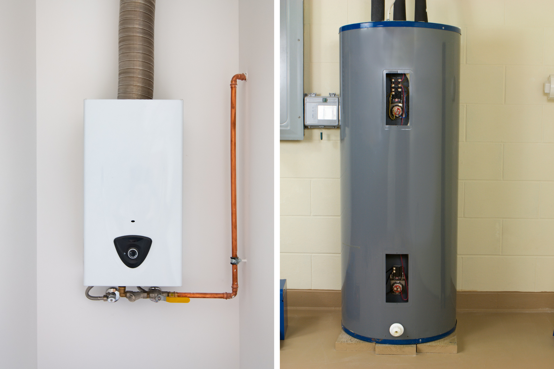 A side-by-side water heater comparison of a tankless water heater on the left and a tank water heater on the right