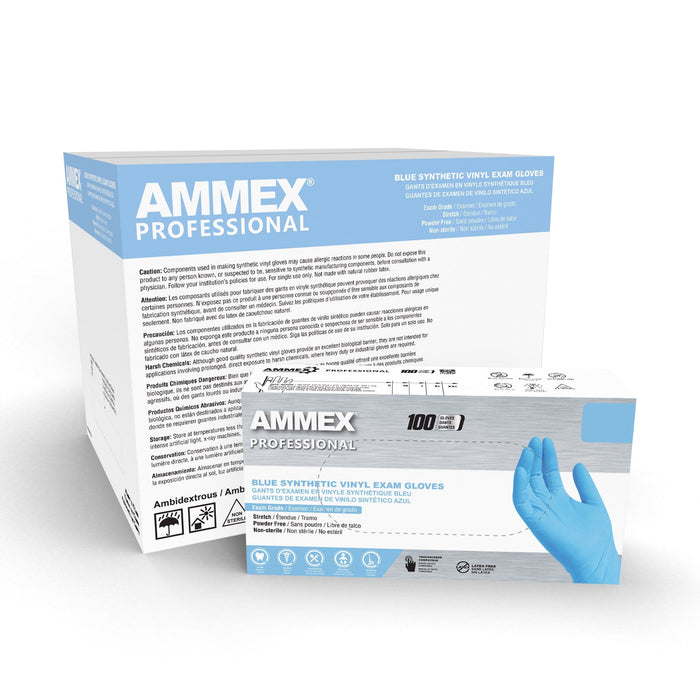 AMMEX® Stretch Synthetic Blue Vinyl PF Exam Grade Gloves - NYDIRECT