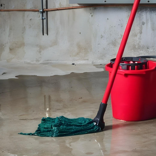  a person is cleaning a basement floor with a mop and bucket