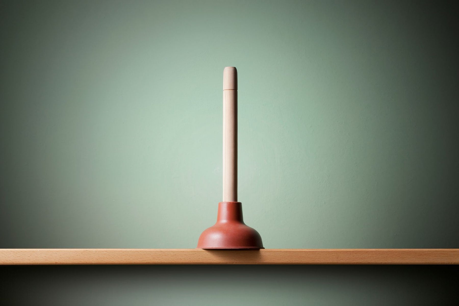 A standard plunger on top of a wooden plank
