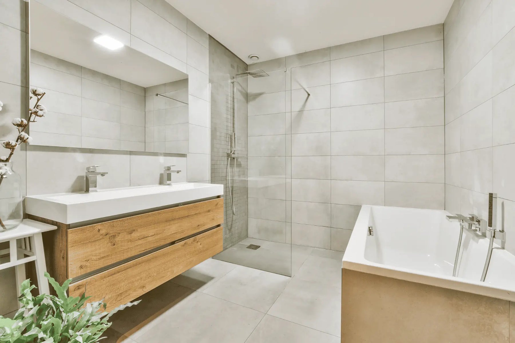  A renovated basement bathroom with modern fixtures