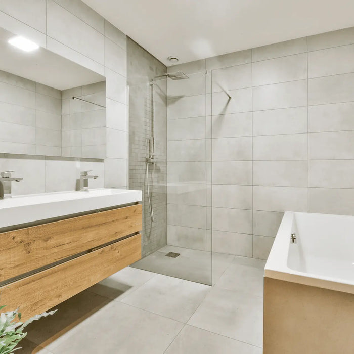 A renovated basement bathroom with modern fixtures