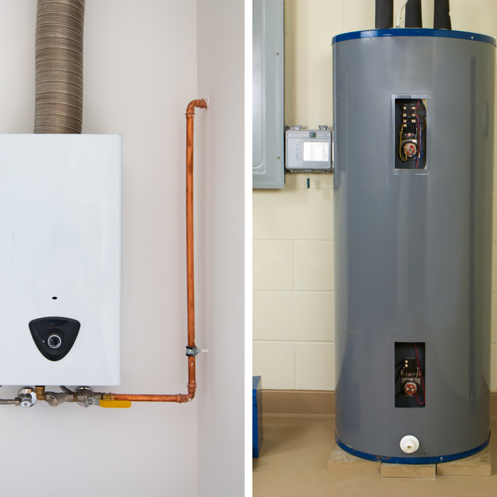 A side-by-side water heater comparison of a tankless water heater on the left and a tank water heater on the right