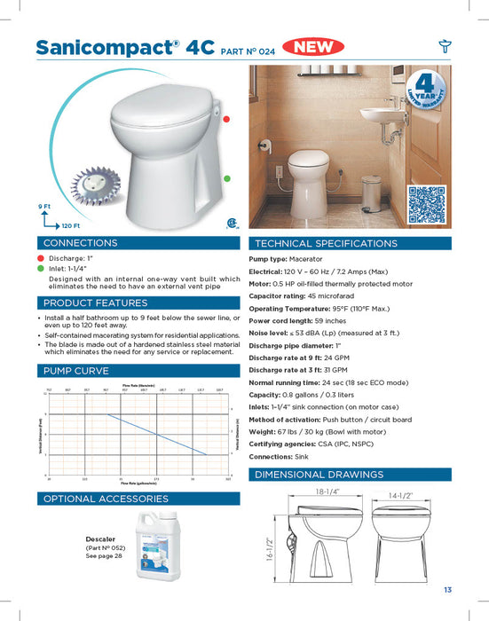 Saniflo 024 Sanicompact 4C 1/2 HP Toilet System - NYDIRECT