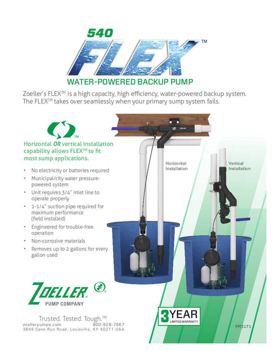 Zoeller 540 FLEX™ 540-0005 Water-powered Emergency backup sump pump system - NYDIRECT