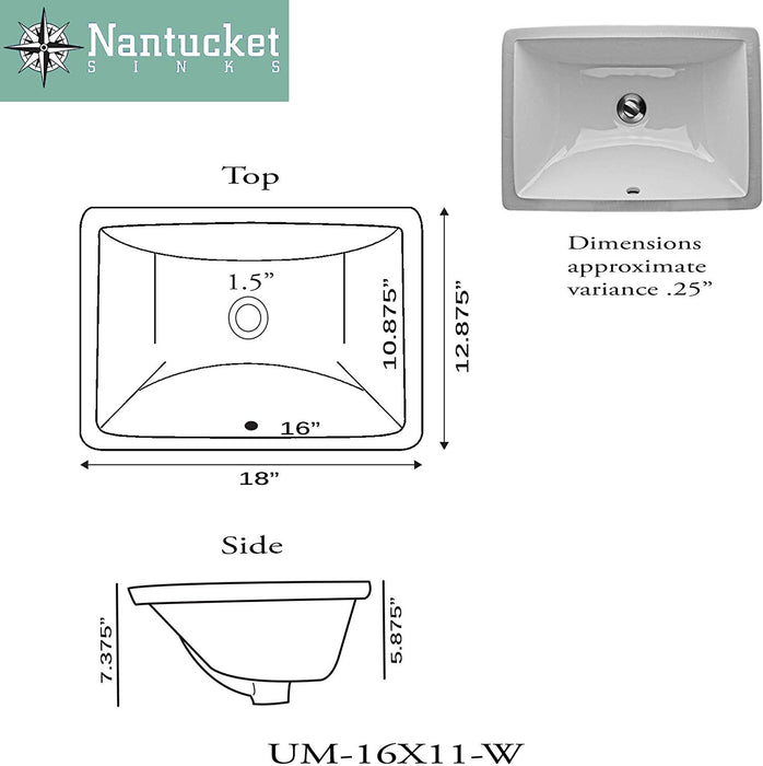 Nantucket Sinks UM-16x11-W 16-Inch by 11-Inch Rectangle Ceramic Undermount Vanity, White - NYDIRECT