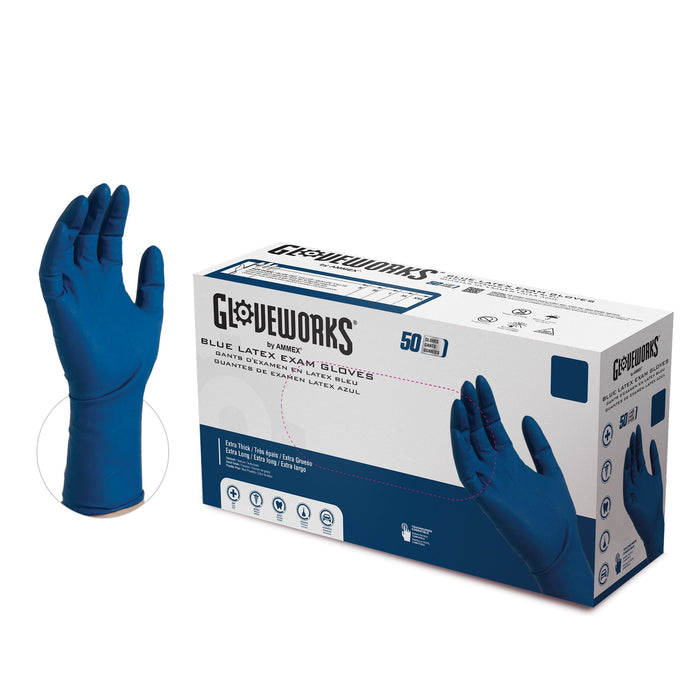 AMMEX® GlovePlus® HD Blue Latex Powder Free Exam Gloves 13 mil Powder Free Textured Disposable, Non-Sterile Case of 500 - NYDIRECT