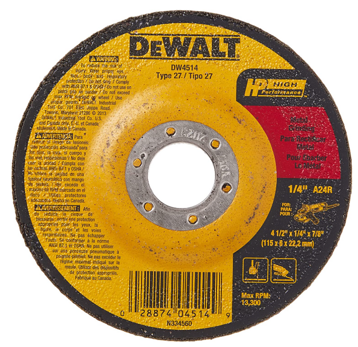 Dewalt DW4514 4-1/2" x 1/4" x 7/8" High Performance Metal Grinding Wheel - NYDIRECT